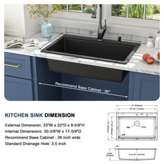 Lordear 33x22x9 Inch Drop-In Kitchen Sink Single Bowl