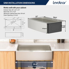 Lordear 36'' Workstation Apron Front Single Bowl Drop In Stainless Steel Farmhouse Sink