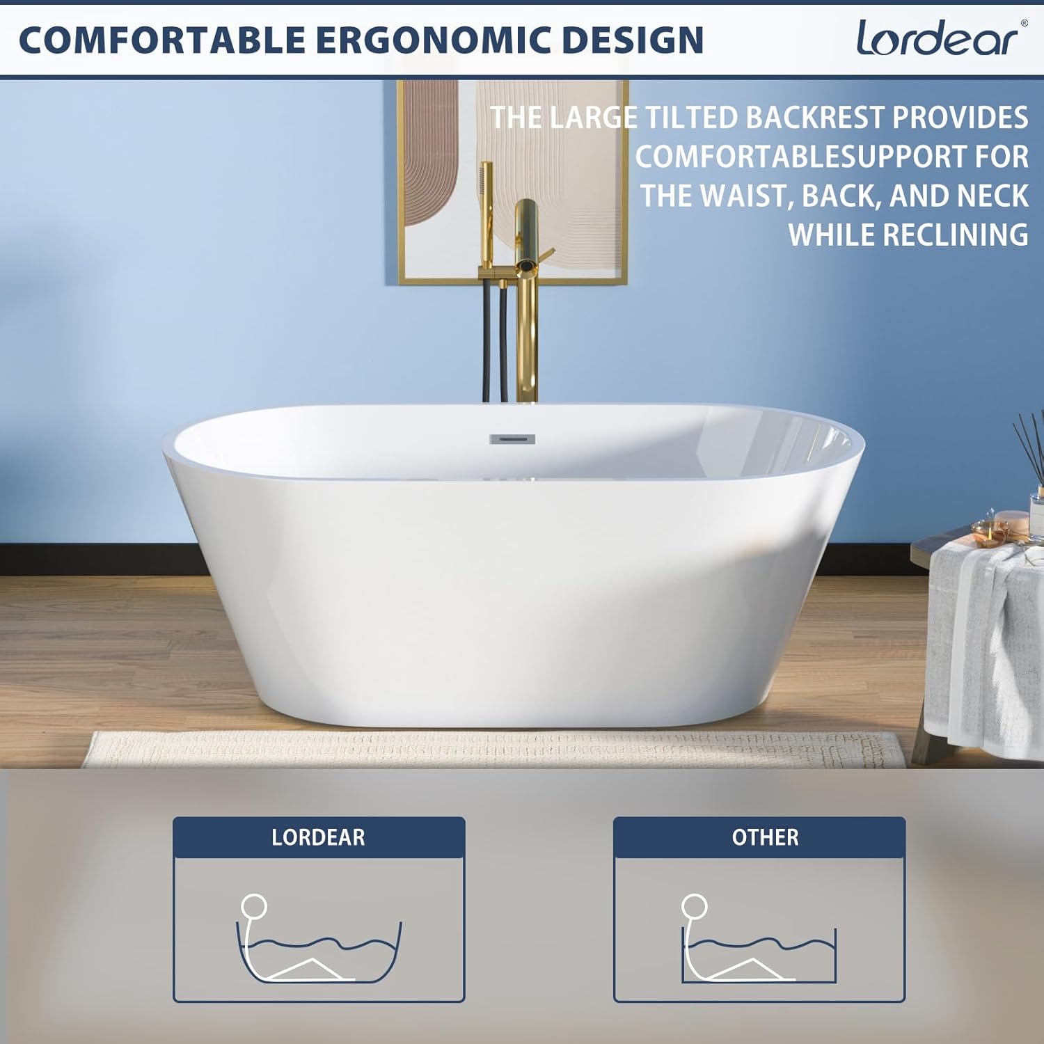 Lordear 63'' White Acrylic Oval Freestanding Bathtub with Overflow and Drain