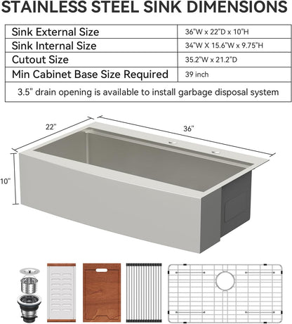 Lordear 36 Inch Drop In Farmhouse Workstation Sink 16 Gauge Stainless Steel Apron Front Single Bowl with Ledge  from Lordear