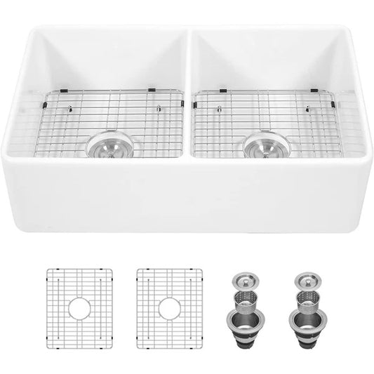 Lordear 33x20 Inch Farmhouse Sinks Double Basin Pure White Fireclay Porcelain Ceramic Apron Front Farm Sink 33 Inch 50/50 Double Kitchen Sink  from Lordear