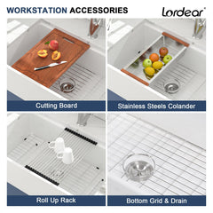 Lordear 33 Inch White Fireclay Workstation Farmhouse Kitchen Sink