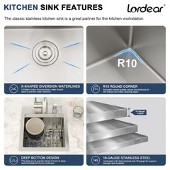 Lordear 13x15 Inch Drop-In Workstation Bar Sink