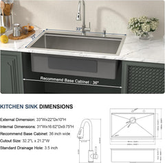 Lordear 33 Inch Drop-In Kitchen Sink