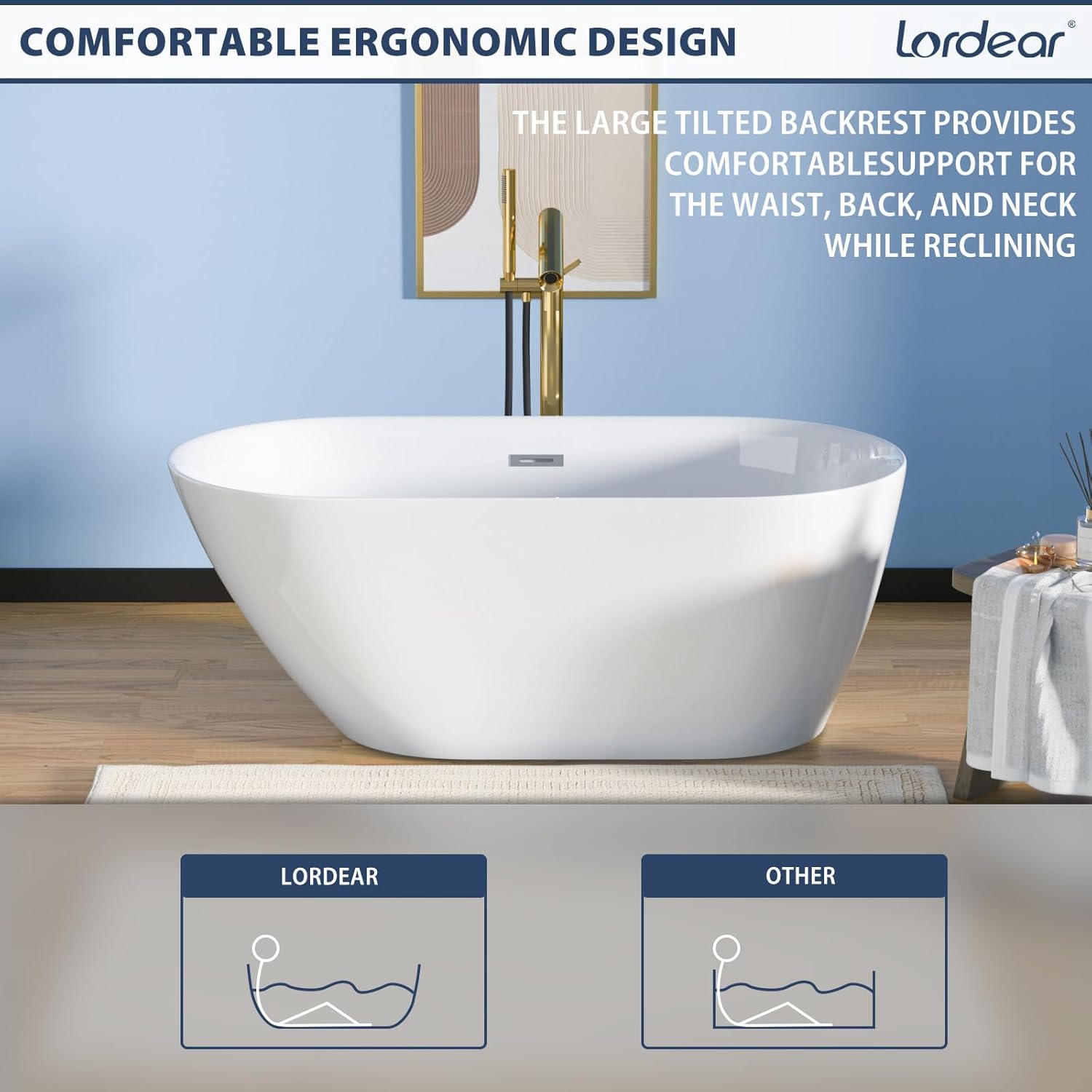 Lordear White Acrylic Freestanding Bath Tub with Overflow and Drain
