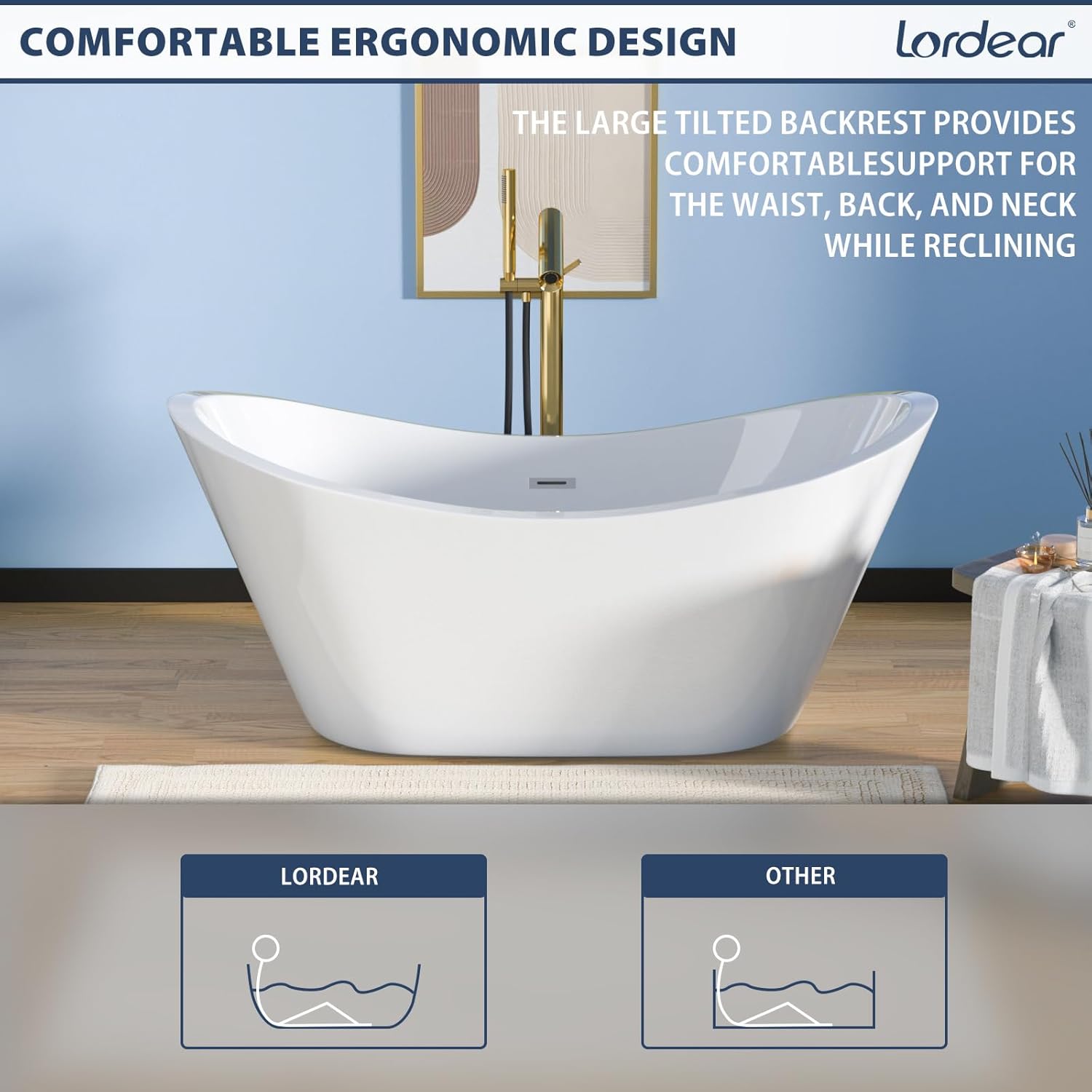 Lordear White Acrylic Dual-Back Freestanding Bathtub with Overflow and Drain