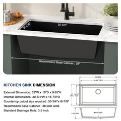 Lordear 33x19x9 Inch Undermount Bar Sink Single Bowl