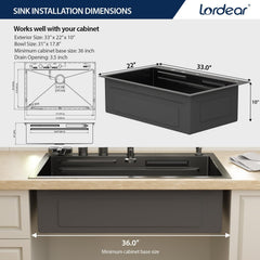 Lordear 33 Inch Black Drop-In Waterfall Workstation Kitchen Sink