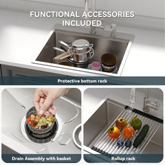 Lordear 25'' Single Bowl Topmount Stainless Steel Workstation Kitchen Sink