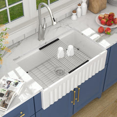 Lordear 30 Inch White Fireclay Workstation Farmhouse Kitchen Sink