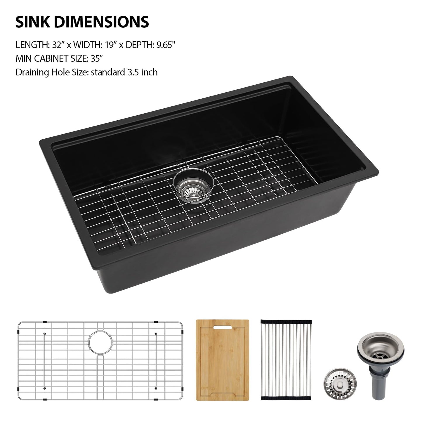 Lordear 32 Granite Composite Kitchen Sink - 32x19x10 Inch Granite Kitchen Sink Black Quartz Sink Deep Single Bowl Workstation Undermount Kitchen Sinks  from Lordear