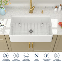 Lordear 33 Inch Glossy White Fireclay Workstation Farmhouse Kitchen Sink