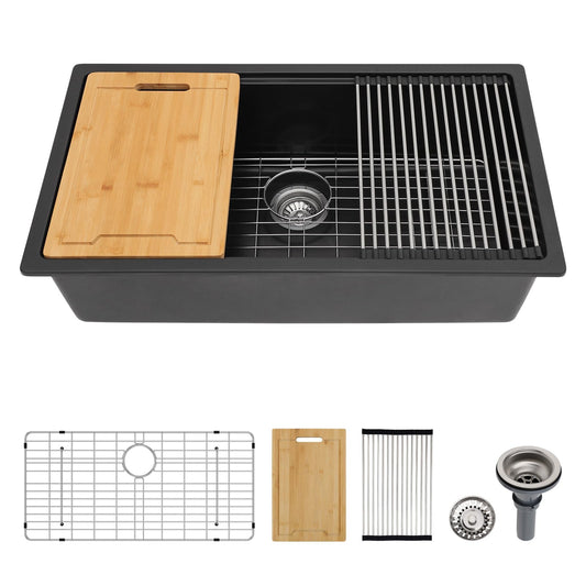 Lordear 30 Inch Undermount Granite Composite Kitchen Sink Workstation Black Quartz Single Bowl Deep Sink  from Lordear