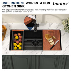 Lordear 36'' Matte Black Stainless Steel Undermount Workstation Kitchen Sink