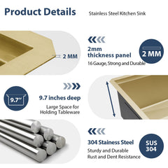 Lordear 28'' Gold Stainless Steel Undermount Workstation Kitchen Sink