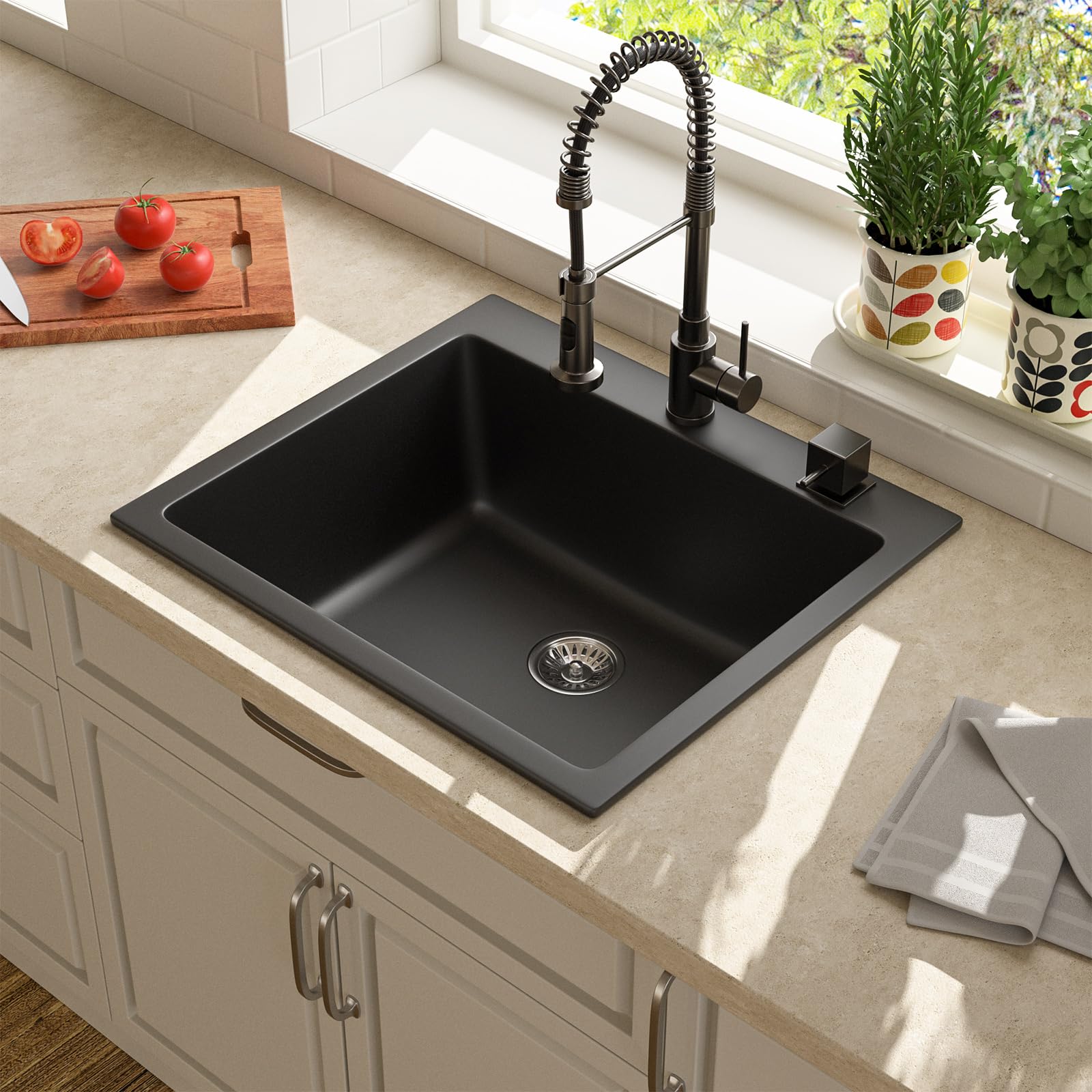 Lordear Black Drop In Kitchen Sink 25 Inch Granite Kitchen Sink Quartz Granite Composite Black Deep Single Bowl Topmount Kitchen Sinks 25x22x10 Inch  from Lordear