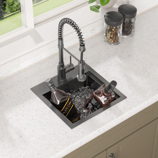 Lordear 15x15 Inch Black Drop-In Workstation Bar Sink