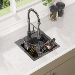 Lordear 15x15 Inch Black Drop-In Workstation Bar Sink