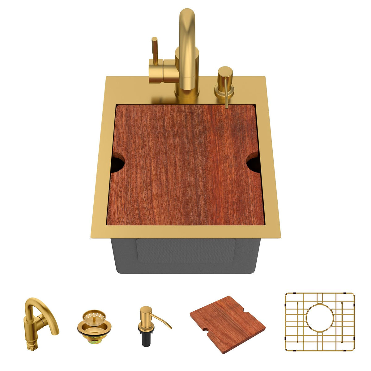 Lordear 13 x 15 x 9 Inch Gold Drop-In Workstation Bar Sink with Faucet