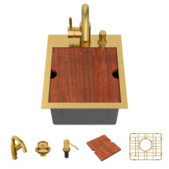 Lordear 13 x 15 x 9 Inch Gold Drop-In Workstation Bar Sink with Faucet
