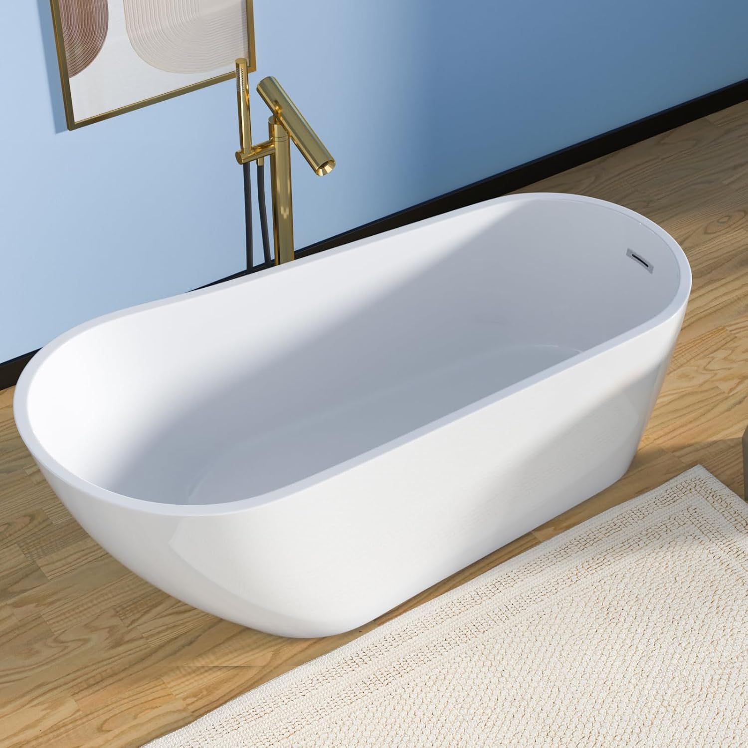 Lordear White Acrylic Backrest Freestanding Bathtub with Overflow and Drain