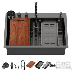 Lordear 33 Inch Black Drop-In Waterfall Workstation Kitchen Sink