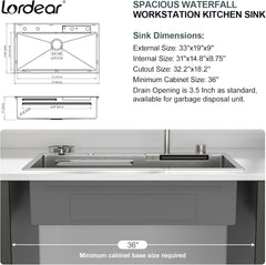 Lordear 33" x 19" Stainless Steel Drop-in Single Bowl Waterfall Workstation Kitchen Sink - Push Button Upgrade