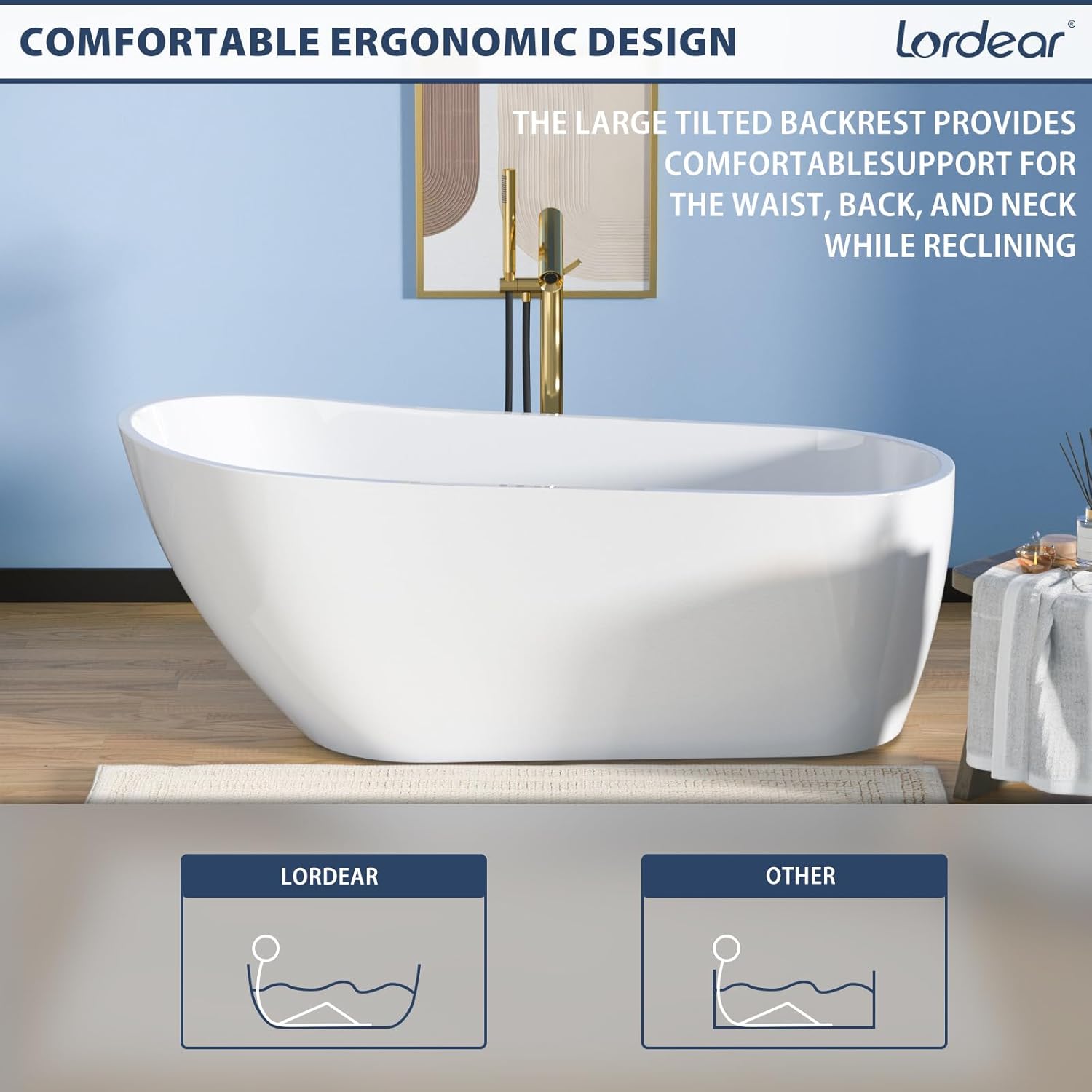 Lordear White Acrylic Backrest Freestanding Bathtub with Overflow and Drain