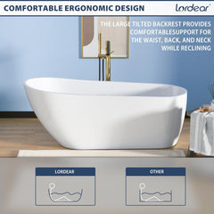 Lordear White Acrylic Backrest Freestanding Bathtub with Overflow and Drain