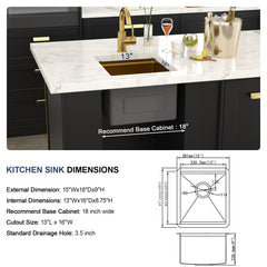 Lordear 15'' Brushed Gold Stainless Steel Undermount Workstation Bar & Prep Sink
