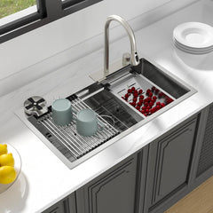 Lordear 33" x 19" Stainless Steel Drop-in Single Bowl Waterfall Workstation Kitchen Sink - Push Button Upgrade