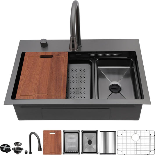Lordear 31'' Stainless Steel Single Bowl Topmount Waterfall Workstation Kitchen Sink with Pull Out Faucet  from Lordear