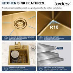 Lordear 13 x 15 x 9 Inch Gold Drop-In Workstation Bar Sink with Faucet