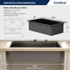 Lordear 33 Inch Black Drop-In Workstation Kitchen Sink