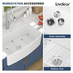Lordear 33'' White Curved Apron Fireclay Farmhouse Sink