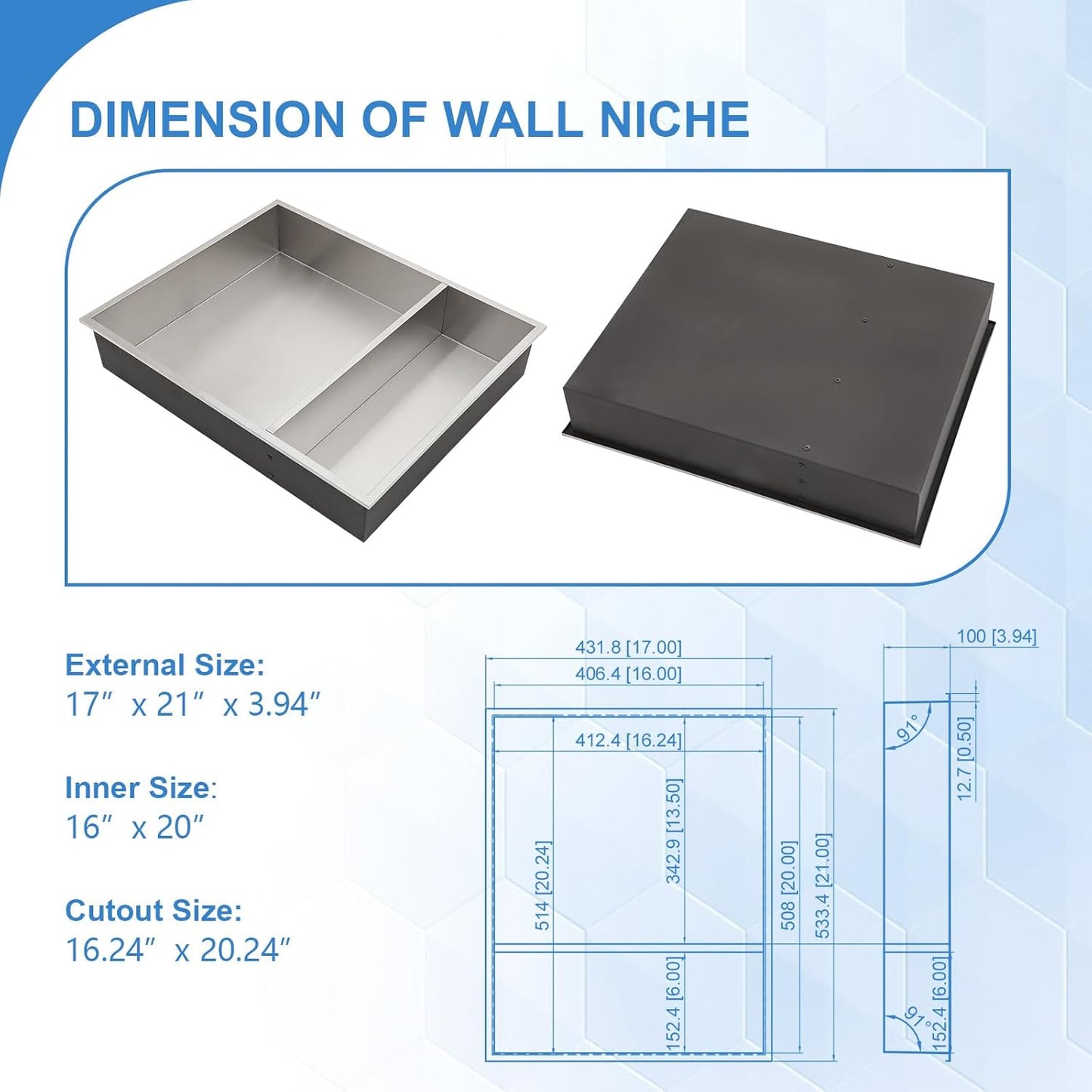 Lordear 21" x 17" Rectangle Shower Niche Double Bathroom Shelf No Tile Needed Recessed Wall Niche Insert for Storage  from Lordear