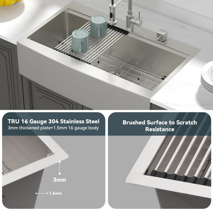 Lordear 36 Inch Drop In Farmhouse Workstation Sink 16 Gauge Stainless Steel Apron Front Single Bowl with Ledge  from Lordear