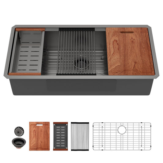 Lordear 39'' Black Stainless Steel Undermount Workstation Kitchen Sink