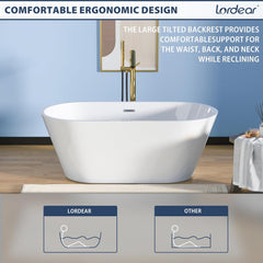 Lordear 59'' White Acrylic Oval Freestanding Bathtub with Overflow and Drain