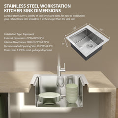Lordear 21x20 Inch Drop-In Workstation Kitchen Sink