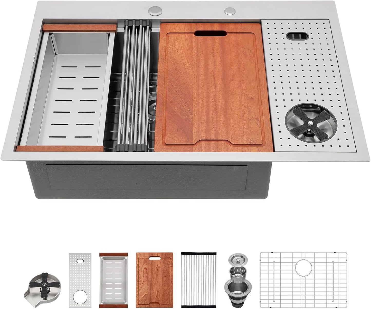 33" Drop In Kitchen Sink Workstation with Cup Washer-Lordear 33x22 Inch Drop In Kitchen Sink Stainless Steel Workstation Sinks 16 Gauge Single Bowl Kitchen Sink with Glass Rinser with Cutting Board  from Lordear