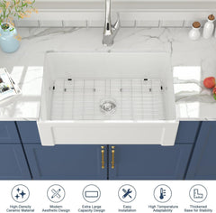 Lordear 30'' Ceramic Porcelain Apron-Front Single Bowl Fireclay Farmhouse Sink