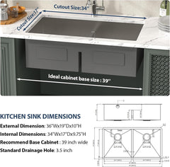 Lordear Stainless Steel Double Bowl Undermount Low Divide Kitchen Sink