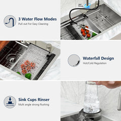 Lordear 33" x 19" Stainless Steel Drop-in Single Bowl Waterfall Workstation Kitchen Sink - Push Button Upgrade