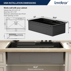 Lordear 36 Inch Black Drop-In Workstation Kitchen Sink