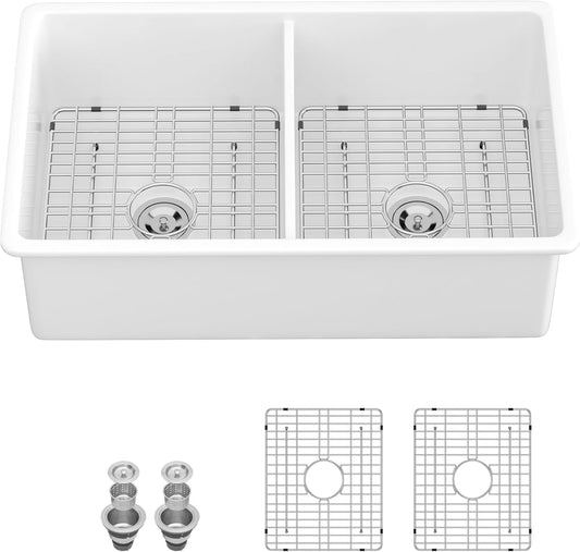 Lordear 32''x19'' White Fireclay Porcelain Ceramic 50/50 Double Bowl Undermount Kitchen Sink  from Lordear 1500