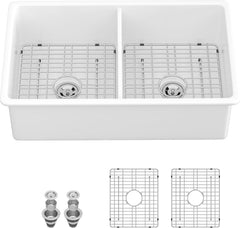 Lordear 32''x19'' White Fireclay Porcelain Ceramic 50/50 Double Bowl Undermount Kitchen Sink  from Lordear