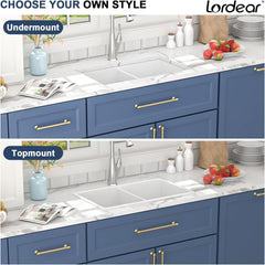 Lordear 32''x19'' White Fireclay Porcelain Ceramic 50/50 Double Bowl Undermount Kitchen Sink  from Lordear