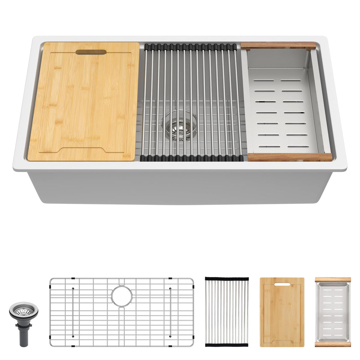 Lordear 30-Inch White Undermount Composite Workstation Sink