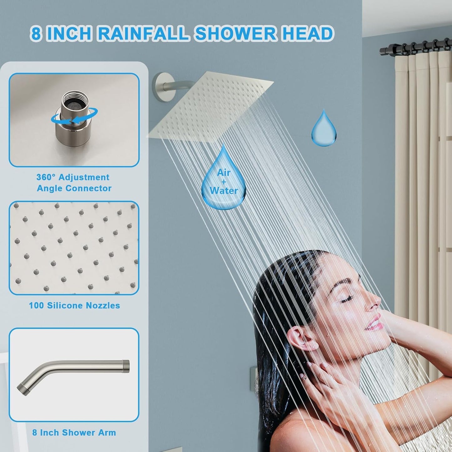 Lordear Rain Shower System 8 Inch Shower Head,Wall Mounted Shower Faucet Set Brushed Nickel Finish Stainless Steel Shower Head and Handheld, Brass Main Body Shower Valve Included  from Lordear